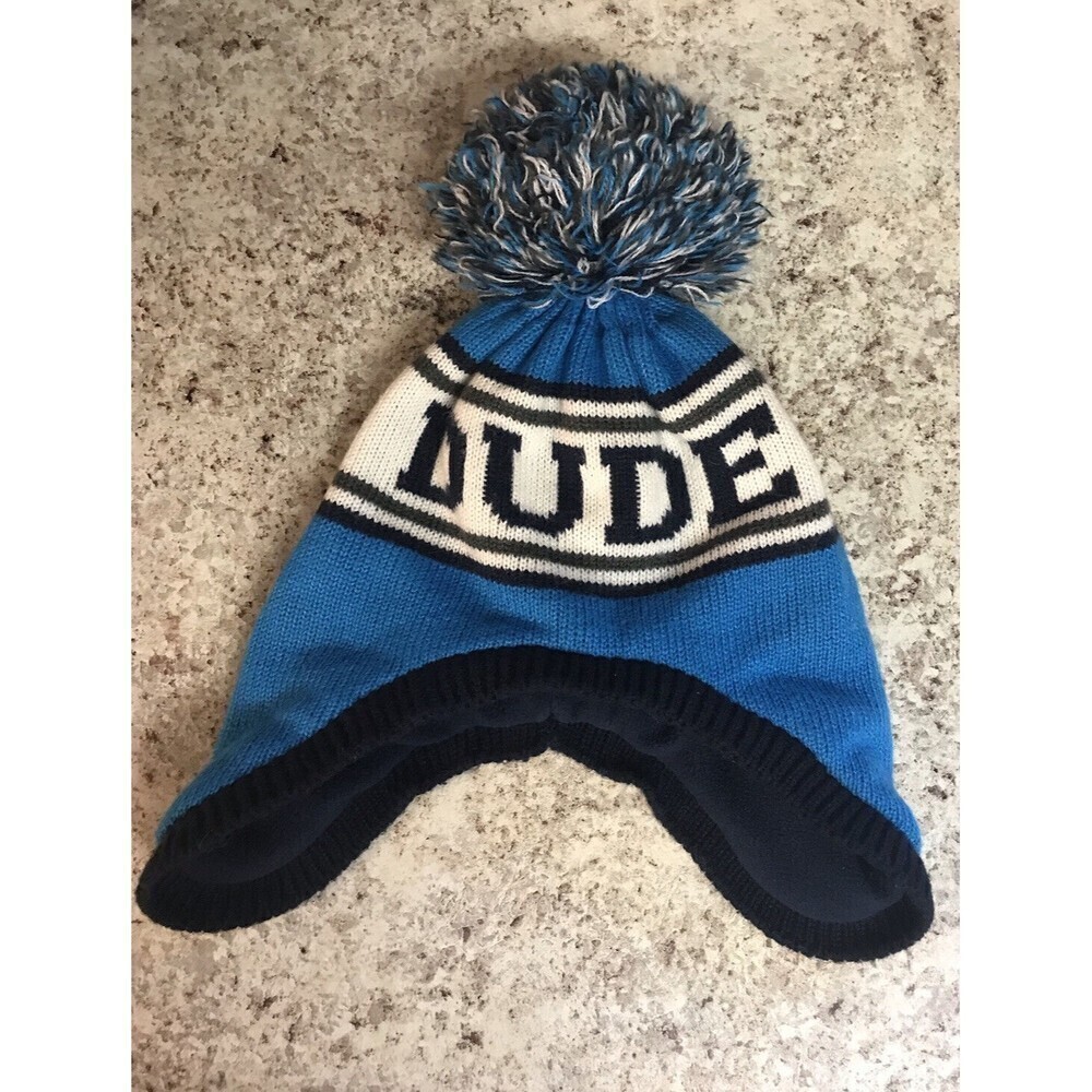 Children's Place Blue White Stripped DUDE Knit Toboggan Hat 4T-5T Pom Pom